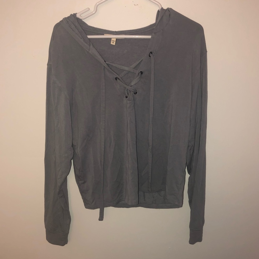 Express Dusty Blue Tie Front Soft Sweatshirt - Picture 1 of 5